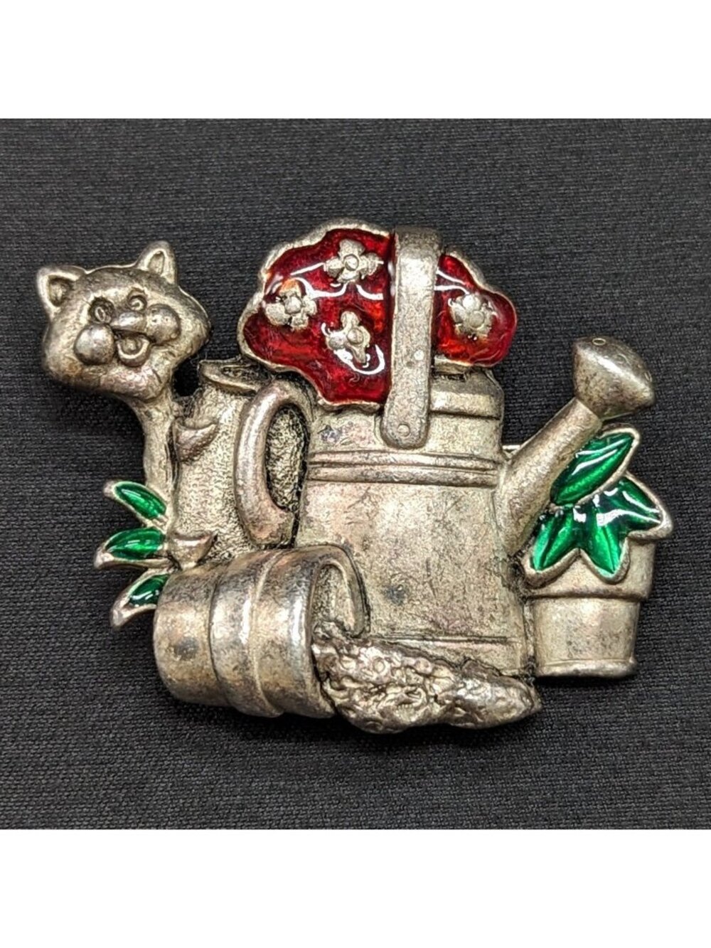 Vtg Danecraft Watering Can Cat Brooch Gardening Enamel Kitty Pewter Pin